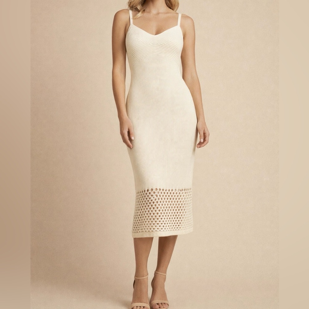 Invitee Ivory Knit Midi Dress Large NWT | Coastal Chic Crochet Hem Bodycon